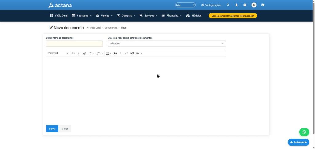 Tela de cadastro de Novo documento no Actana, com nome, local e editor de texto