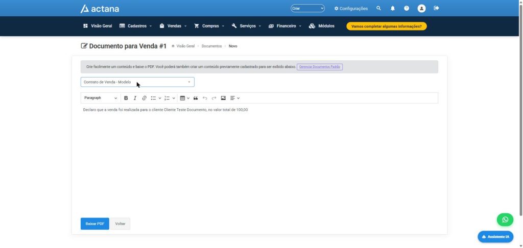 Tela Gerar Documento de uma Venda no Actana, com o modelo selecionado e o texto preenchido automaticamente com o nome do cliente e o valor